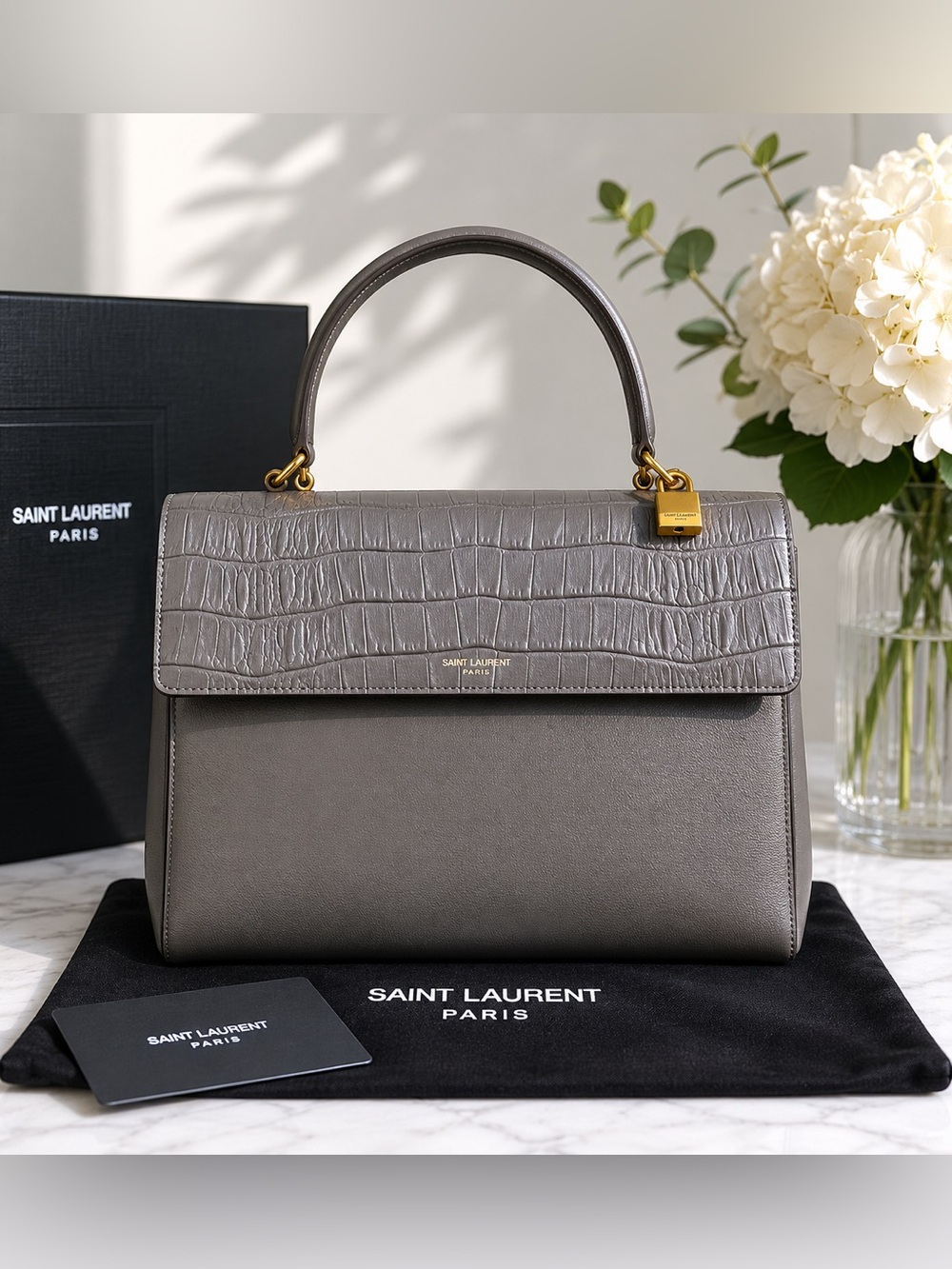 Saint Laurent Croc-Embossed Gray Bag